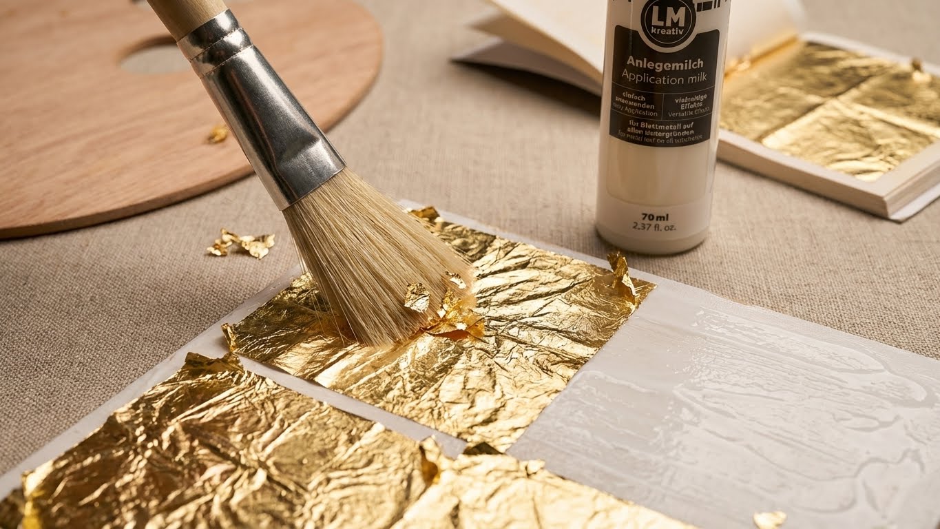 Auftragen von Blattgold mit Pinsel und LM Kreativ Anlegemilch auf vorbereitete Oberfläche