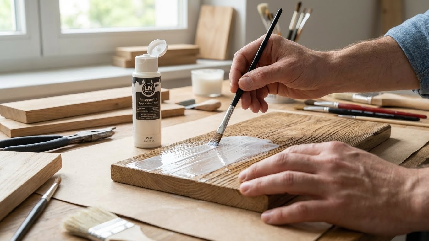 Auftragen der LM Kreativ Anlegemilch mit Pinsel auf ein Holzbrett als Vorbereitung für Blattmetall