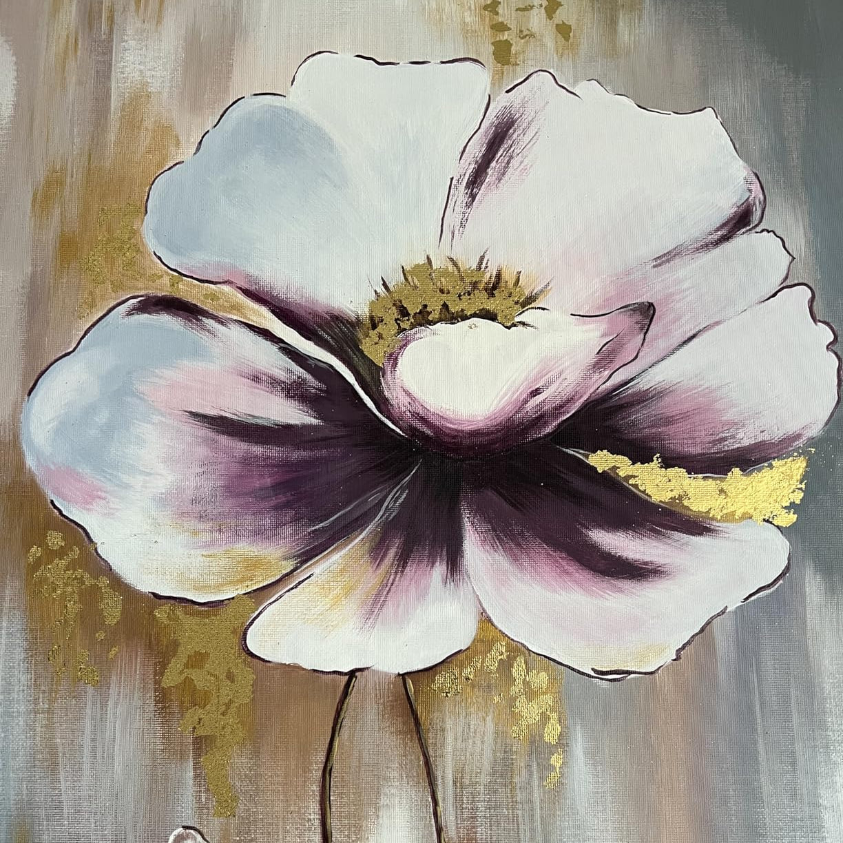 Mit LM Kreativ Anlegemilch veredelte Blumenmalerei auf Leinwand mit goldenen Blattmetall-Akzenten
