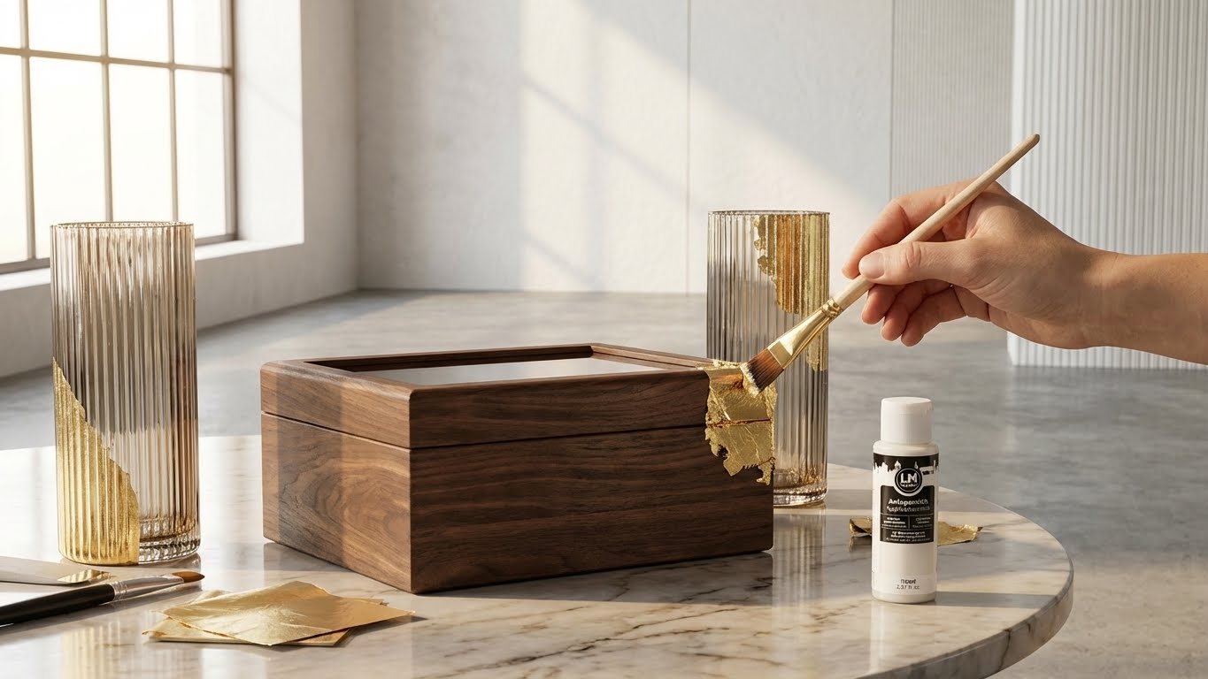 Vergolden einer Holzbox und von Glasvasen mit Blattmetall unter Verwendung der LM Kreativ Anlegemilch