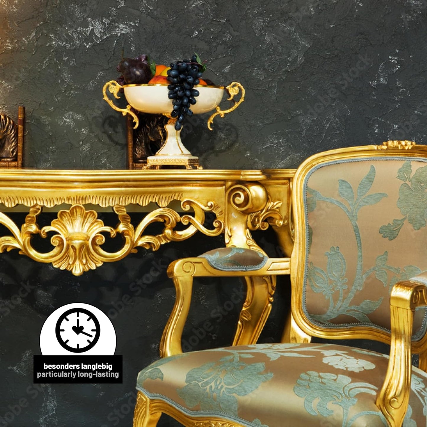 Detailansicht eines vergoldeten Stuhls mit Blattmetall, fixiert mit LM Kreativ Anlegemilch