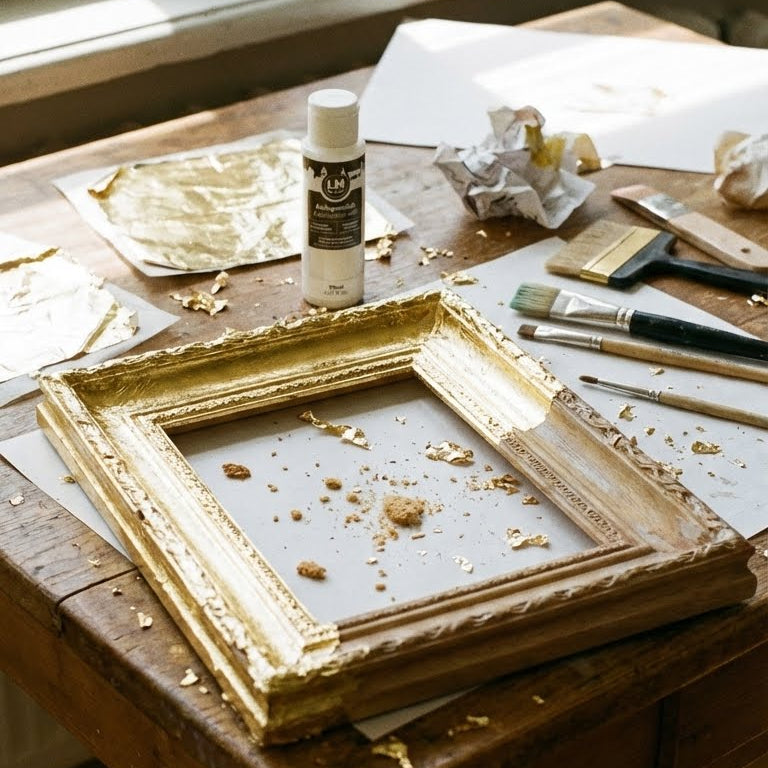LM Kreativ Anlegemilch in der Werkstatt neben Werkzeugen und teilweise vergoldetem Bilderrahmen
