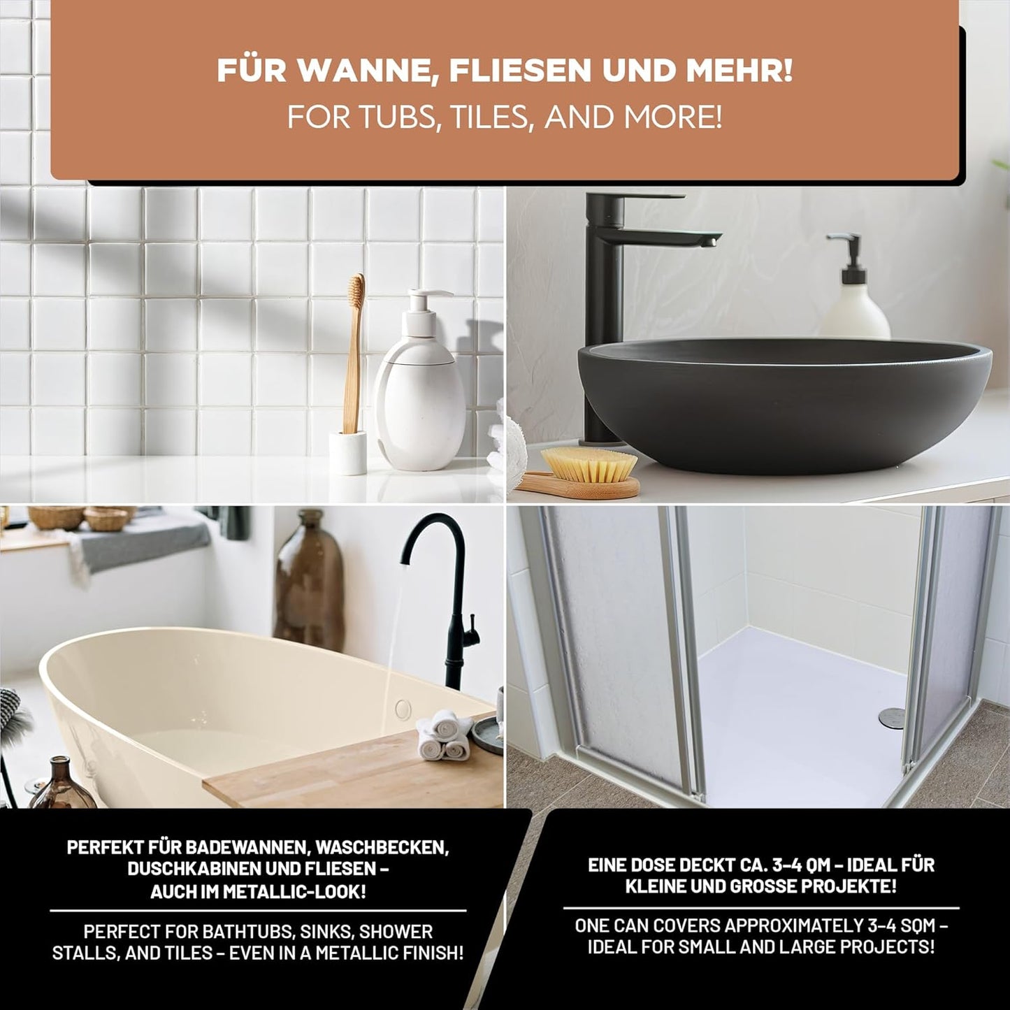 Infografik zum LM Kreativ Badewannenlack 3 in 1 2K mit Beispielen fuer Badewanne, Waschbecken, Dusche und Fliesen sowie Hinweis zur Reichweite von 3 bis 4 m2