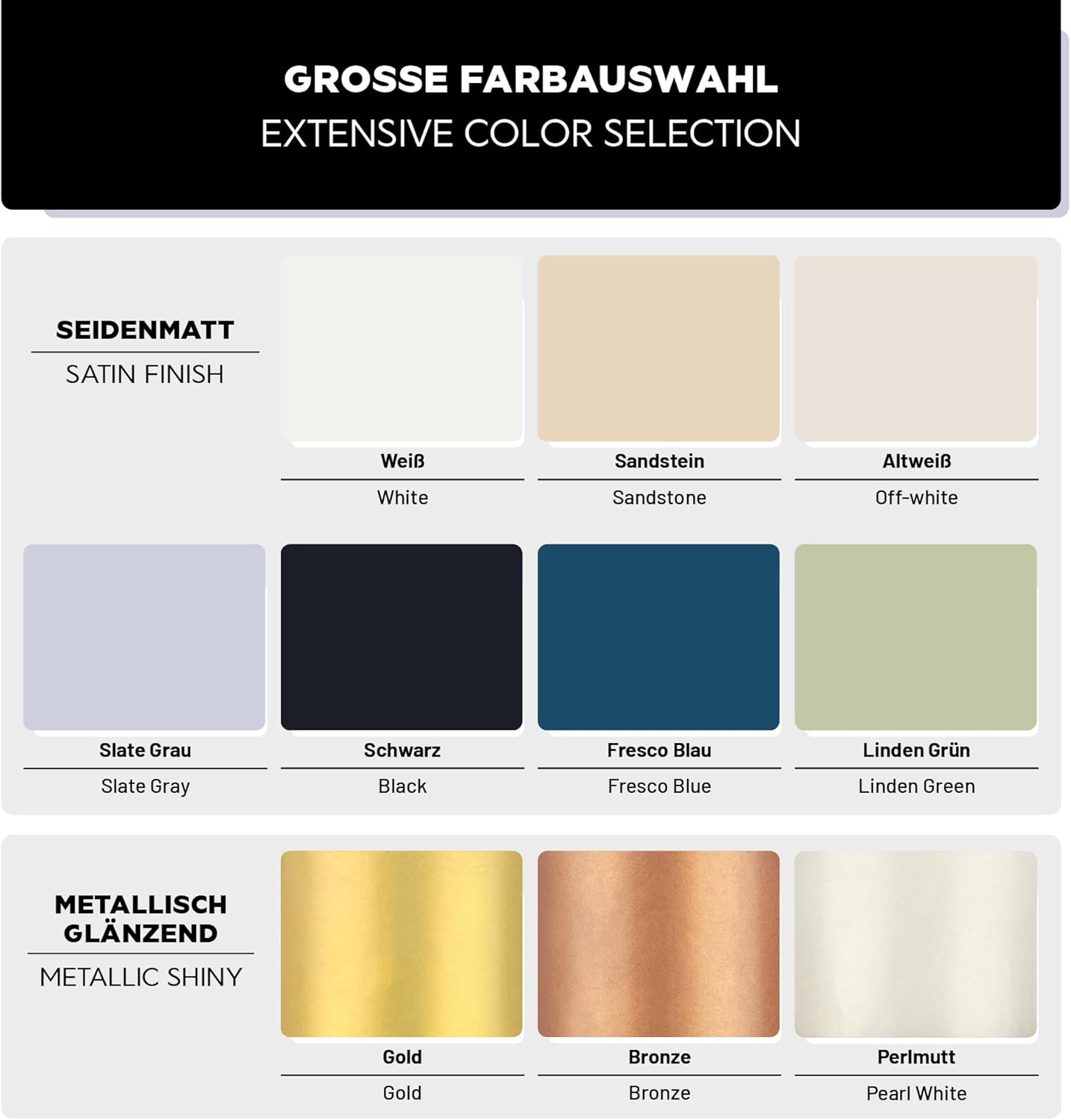 Farbuebersicht zum LM Kreativ Badewannenlack 3 in 1 2K in seidenmatten und metallisch glaenzenden Toenen wie Weiss, Sandstein, Schwarz, Gold und Bronze