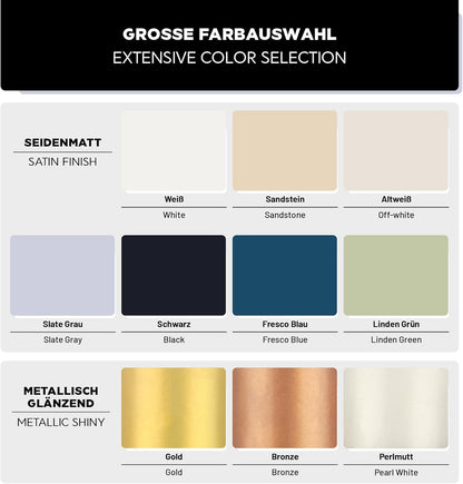 Farbuebersicht zum LM Kreativ Badewannenlack 3 in 1 2K in seidenmatten und metallisch glaenzenden Toenen wie Weiss, Sandstein, Schwarz, Gold und Bronze