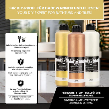 LM Kreativ Badewannenlack 3 in 1 2K in metallic glaenzenden Farben Gold, Bronze und Perlmutt mit Angabe der Reichweite von 3 bis 4 m2
