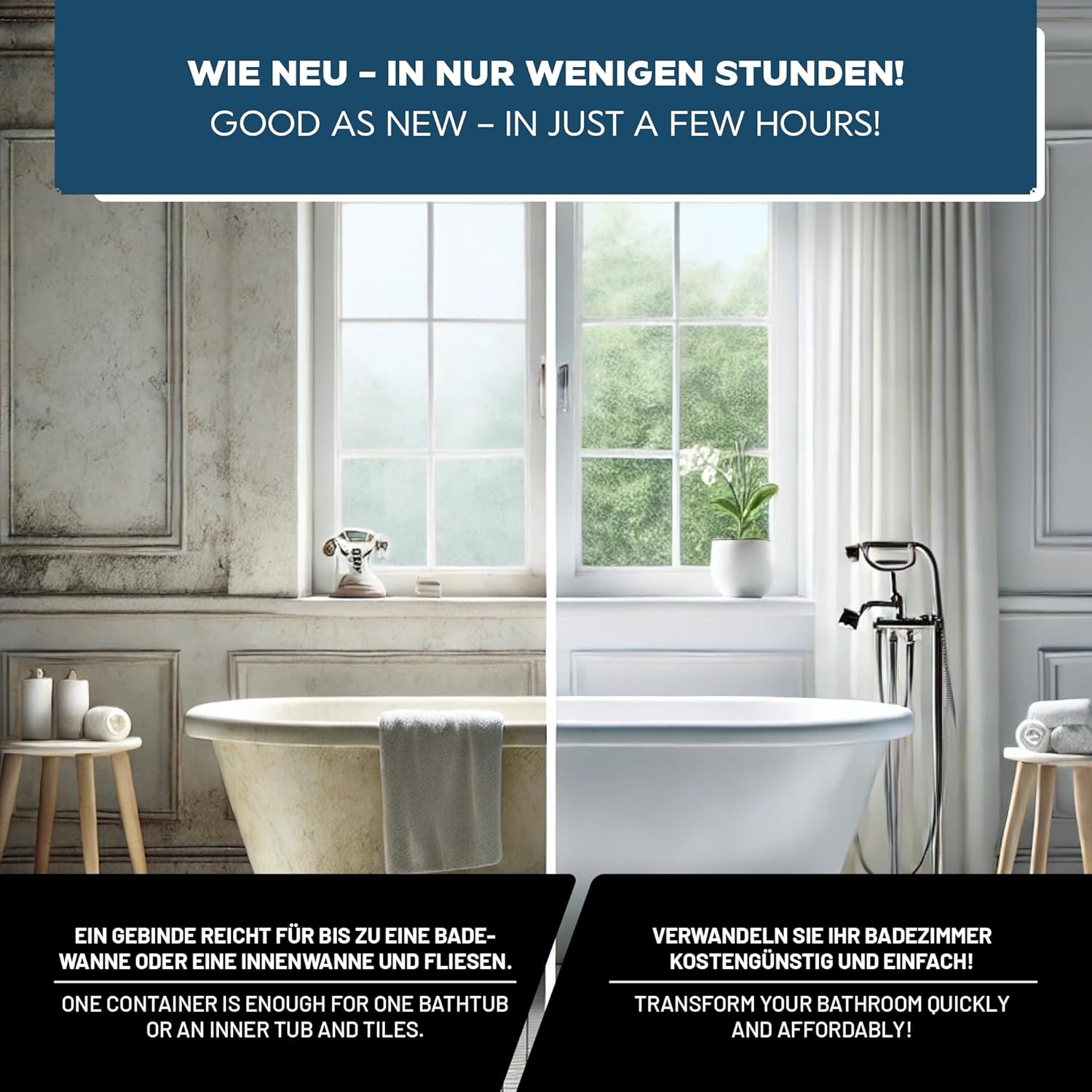 Vorher Nachher Darstellung einer Badewanne nach Renovierung mit LM Kreativ Badewannenlack 3 in 1 2K mit Hinweis auf schnelle Ergebnisse