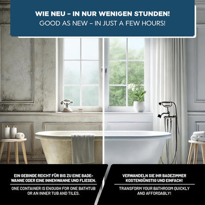 Vorher Nachher Darstellung einer Badewanne nach Renovierung mit LM Kreativ Badewannenlack 3 in 1 2K mit Hinweis auf schnelle Ergebnisse