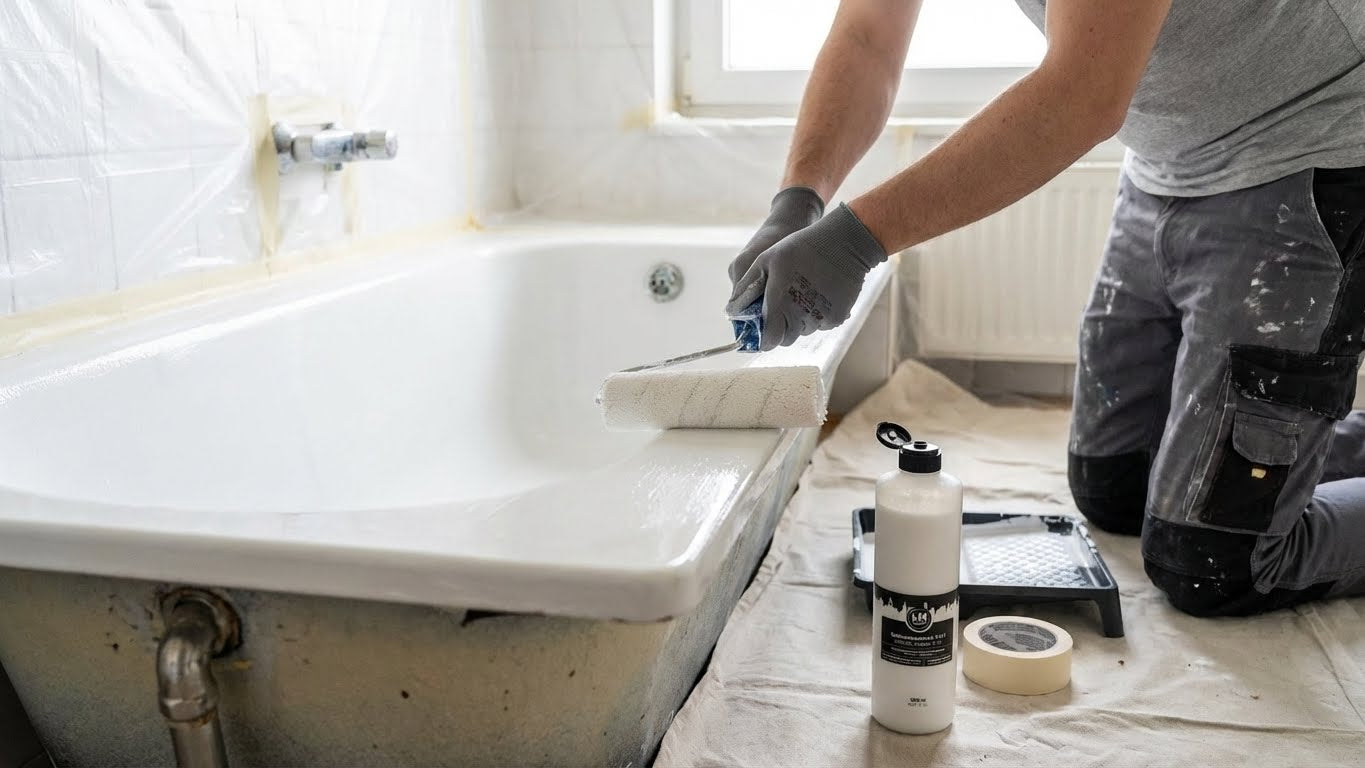 Anwendung von LM Kreativ Badewannenlack 3 in 1 mit Farbrolle auf einer Badewanne