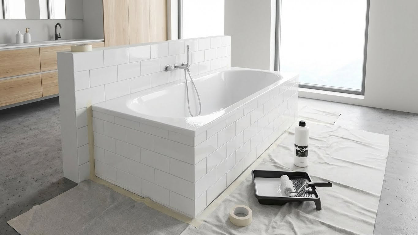 Vorbereitete Badewanne mit Abdeckfolie, Farbwanne und Rolle fuer die Anwendung von LM Kreativ Badewannenlack 3 in 1