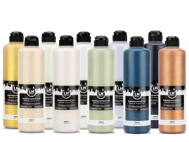 Mehrere Flaschen LM Kreativ Badewannenlack 3 in 1 in verschiedenen Farben nebeneinander aufgereiht