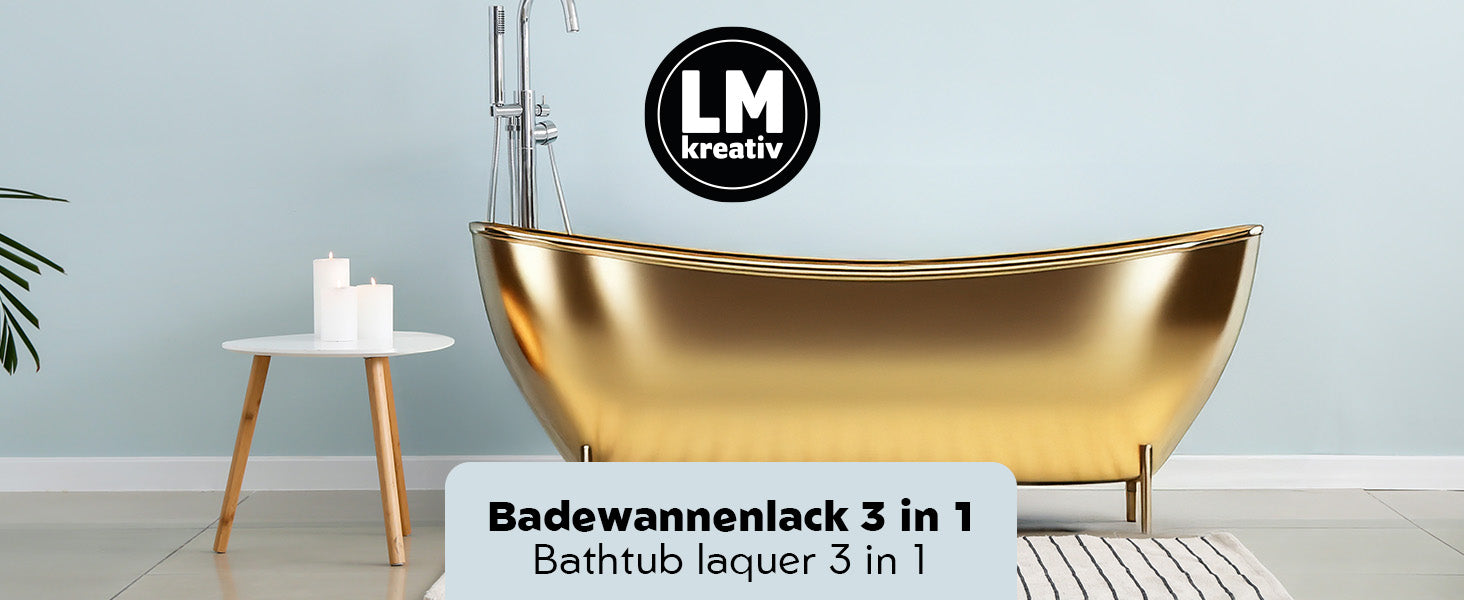 Goldene freistehende Badewanne im modernen Badezimmer mit Schriftzug zum LM Kreativ Badewannenlack 3 in 1
