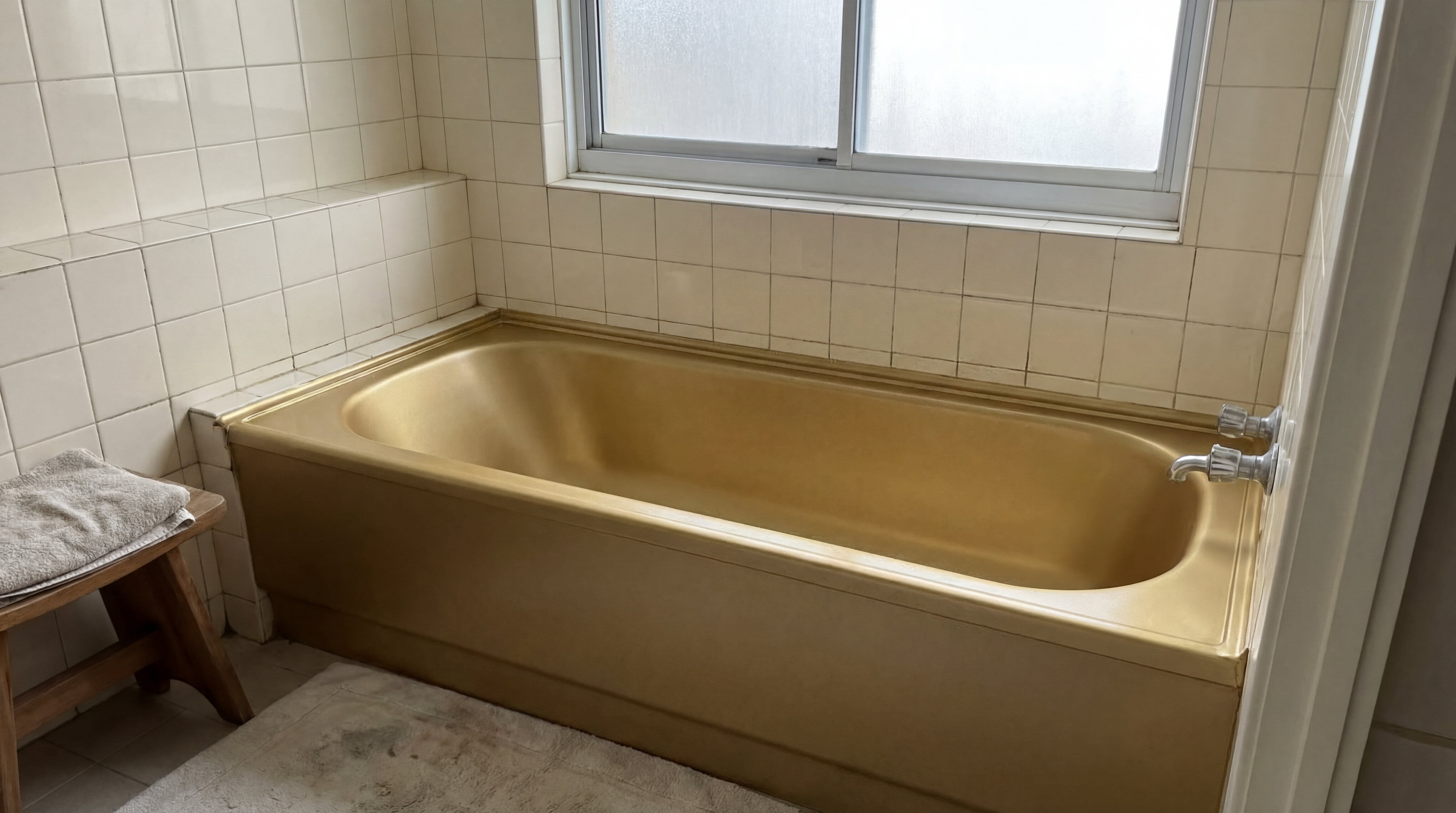 Badewanne nach der Renovierung in Goldoptik mit LM Kreativ Badewannenlack 3 in 1