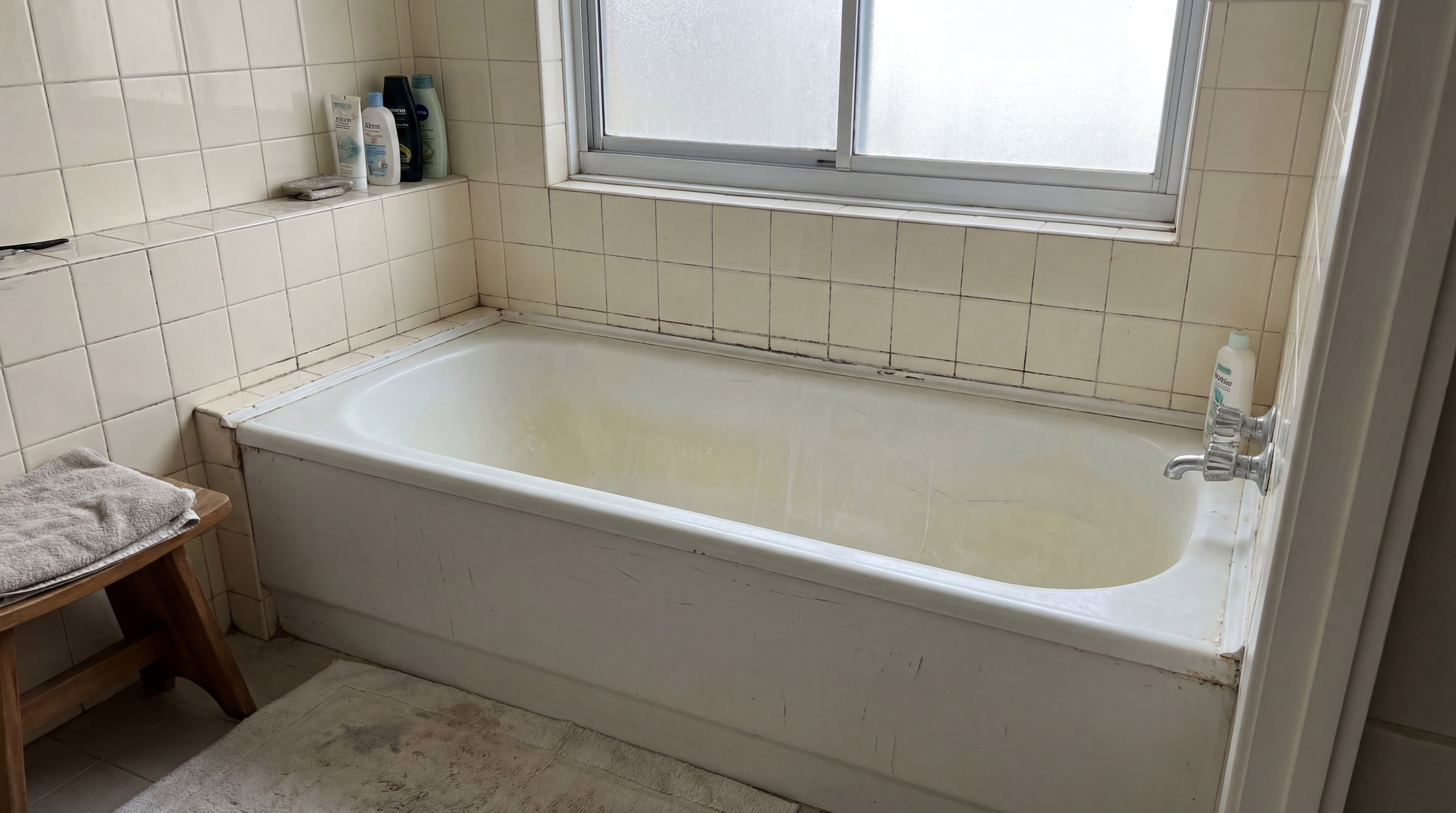Abgenutzte und verfärbte Badewanne vor der Renovierung mit LM Kreativ Badewannenlack 3 in 1