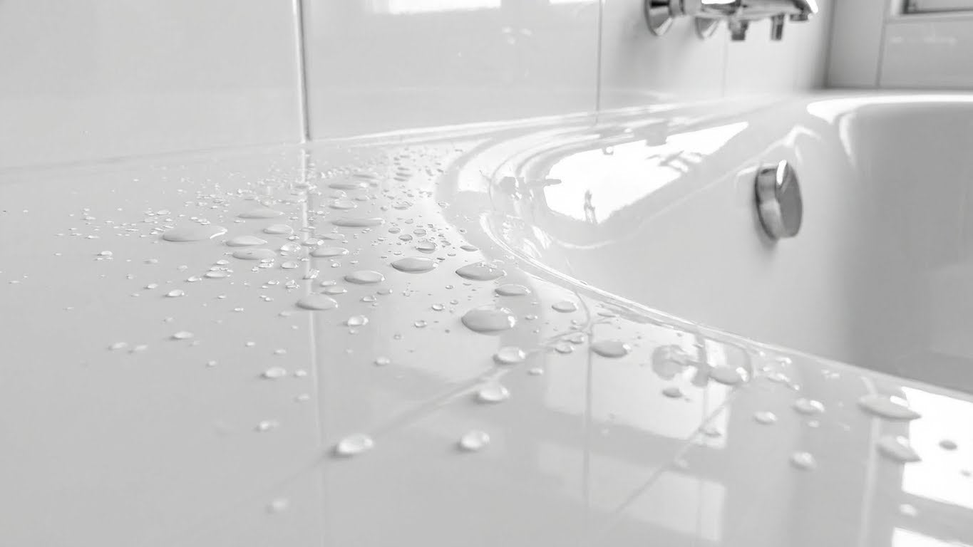 Wassertropfen auf einer glatten Badewannenoberflaeche nach Beschichtung mit LM Kreativ Badewannenlack 3 in 1