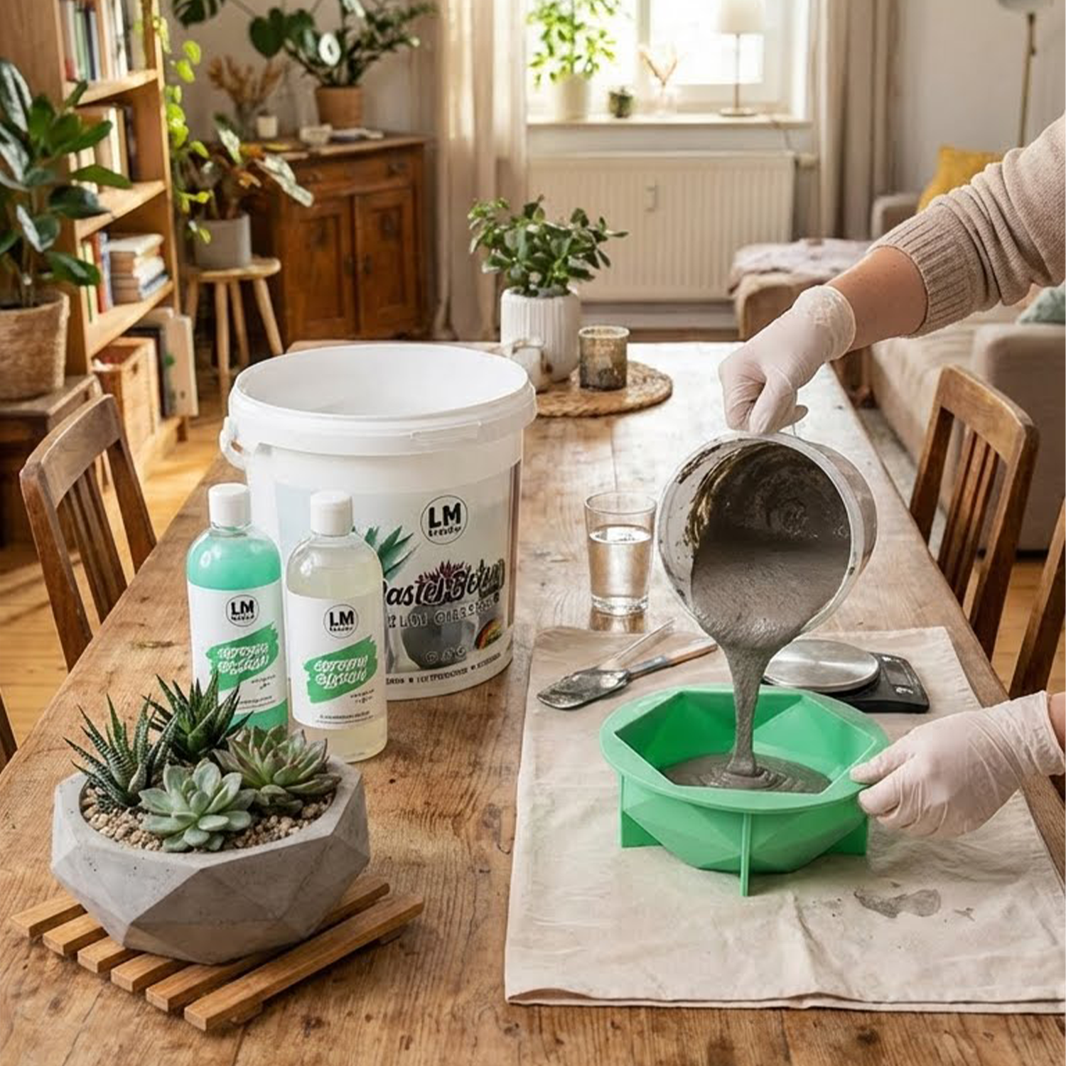 Silikonform, gegossenes Betonobjekt und Produktmaterialien von LM Kreativ zur Veranschaulichung des Abformprozesses