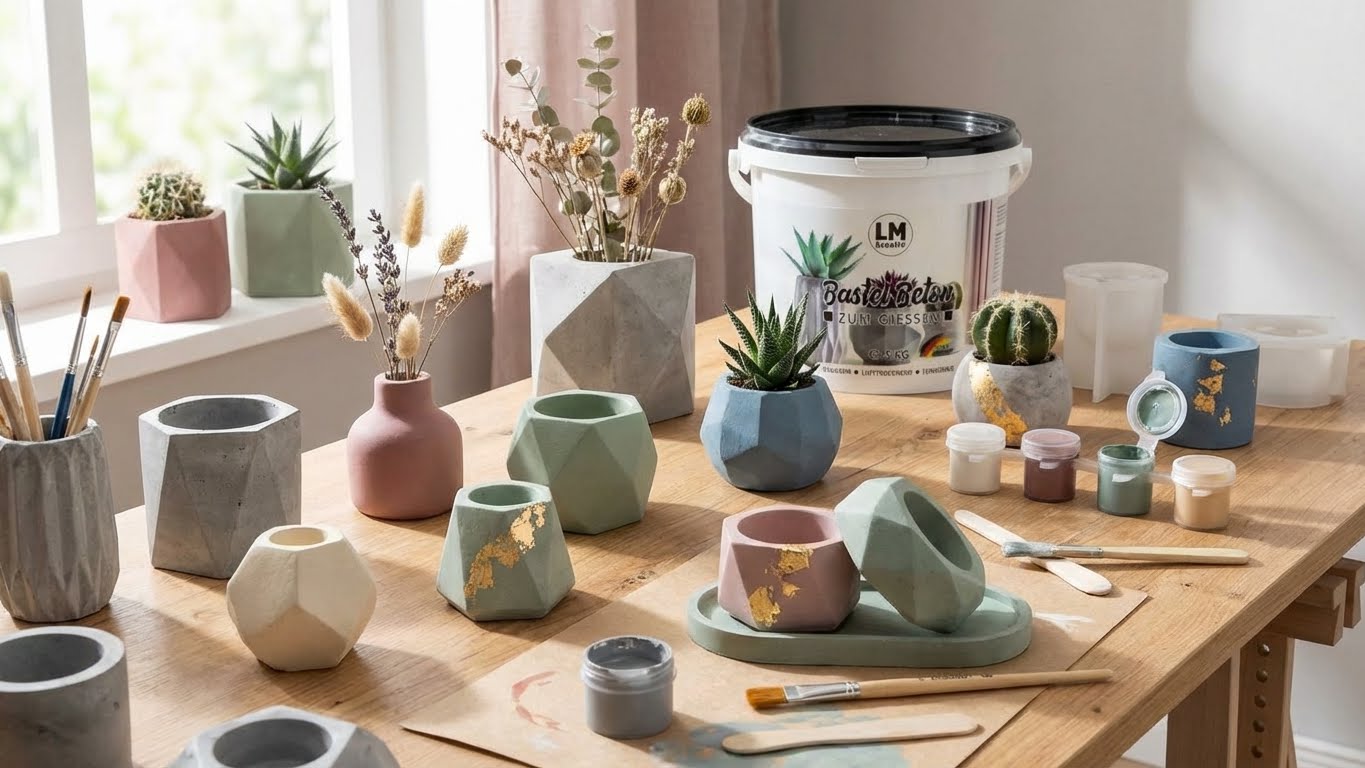 Mit LM Kreativ Bastelbeton gegossene und farbig gestaltete Dekoobjekte wie Vasen und Blumentöpfe auf einem Basteltisch.