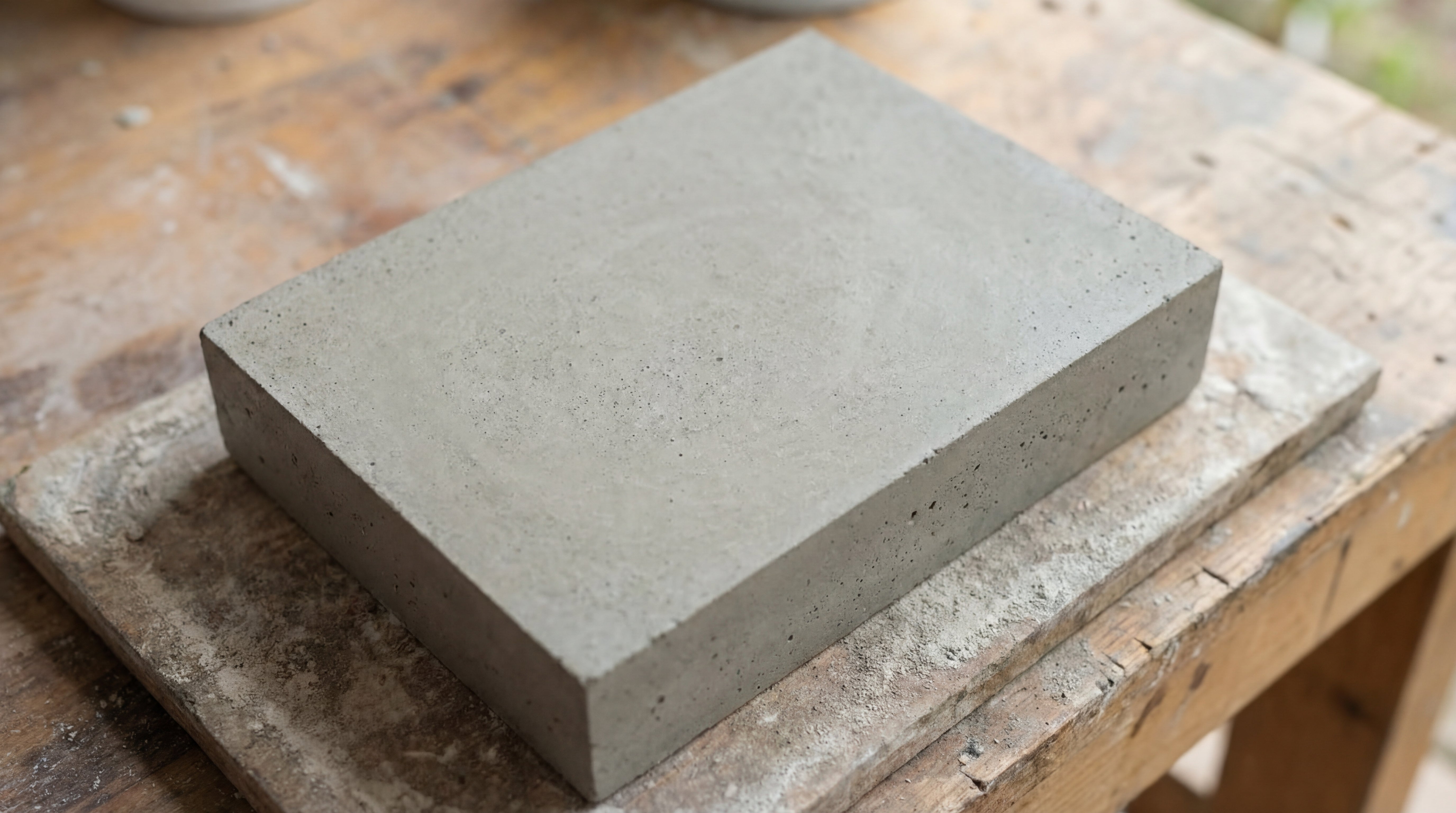 Ausgehärtete rechteckige Betonplatte aus LM Kreativ Bastelbeton auf einer staubigen Werkbank.