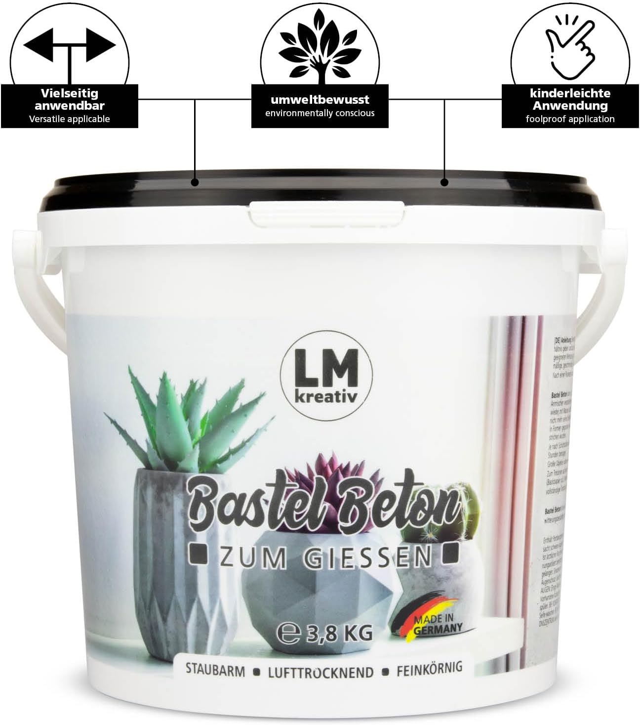 LM Kreativ Bastelbeton im 3,8 kg Eimer mit Symbolen zu vielseitiger Anwendung, Umweltbewusstsein und einfacher Verarbeitung.