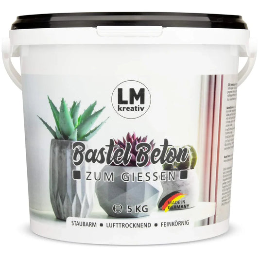 LM Kreativ Bastelbeton zum Gießen im 5 kg Eimer mit Produktabbildungen und Hinweisen auf staubarme, feinkörnige Qualität.