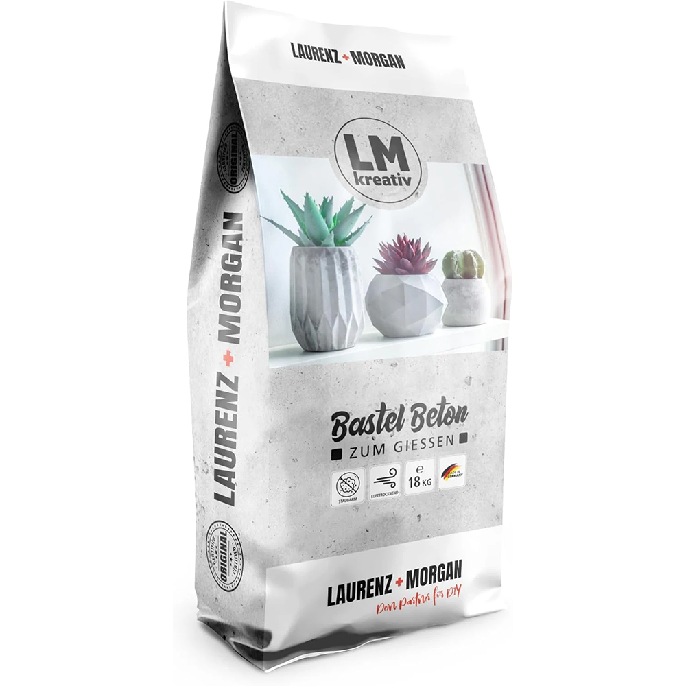 LM Kreativ Bastelbeton zum Gießen im 18 kg Sack mit Produktbild und Qualitätsangaben.