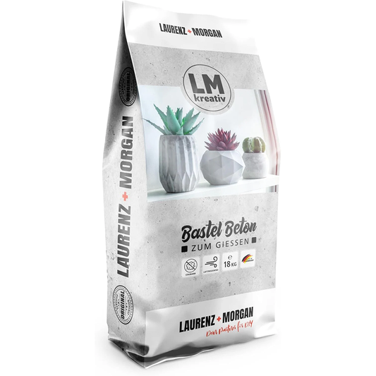 LM Kreativ Bastelbeton zum Gießen im 18 kg Sack mit Produktbild und Qualitätsangaben.
