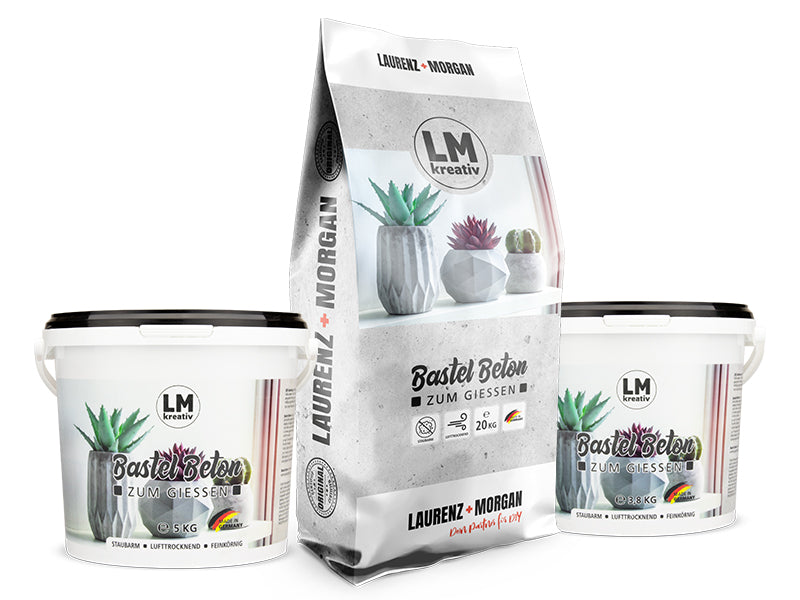LM Kreativ Bastelbeton im Set mit 5 kg Eimer, 3,8 kg Eimer und 20 kg Sack.