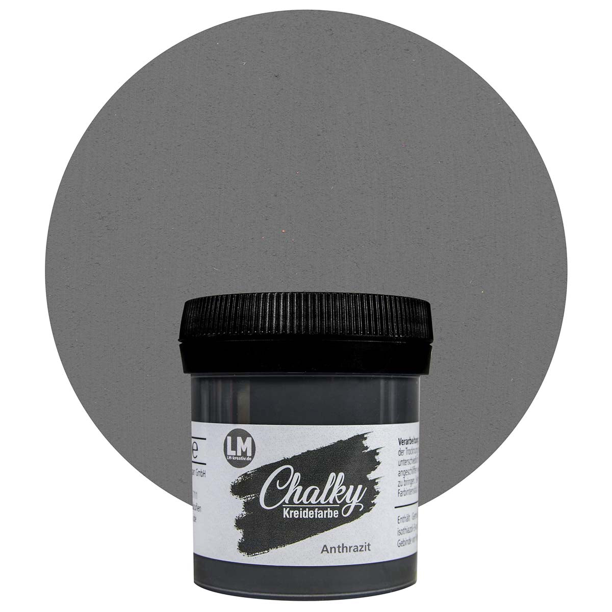 Produktabbildung der LM Kreativ Chalky Kreidefarbe in Anthrazit mit 100 ml Inhalt in kleiner Kunststoffdose mit schwarzem Schraubdeckel.