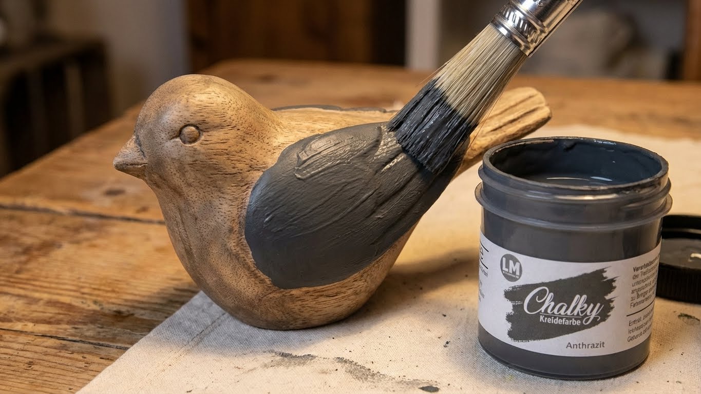 Anwendung der LM Kreativ Chalky Kreidefarbe in Anthrazit beim Bemalen einer Holzfigur in Vogelform mit Pinsel.