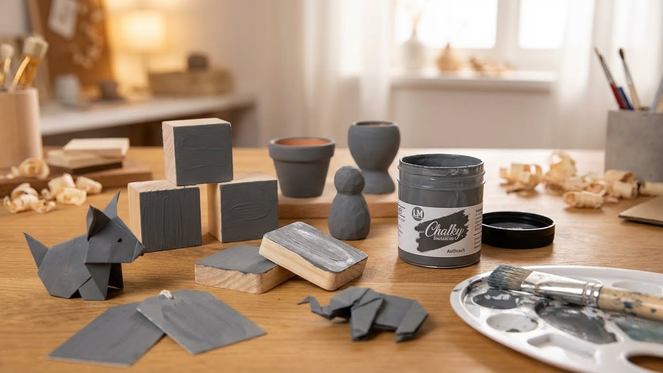 LM Kreativ Chalky Kreidefarbe in Anthrazit als 100 ml Dose neben grau gestrichenen Holzfiguren, Origami Tieren und bemalten Holzklötzen auf einem Arbeitstisch.