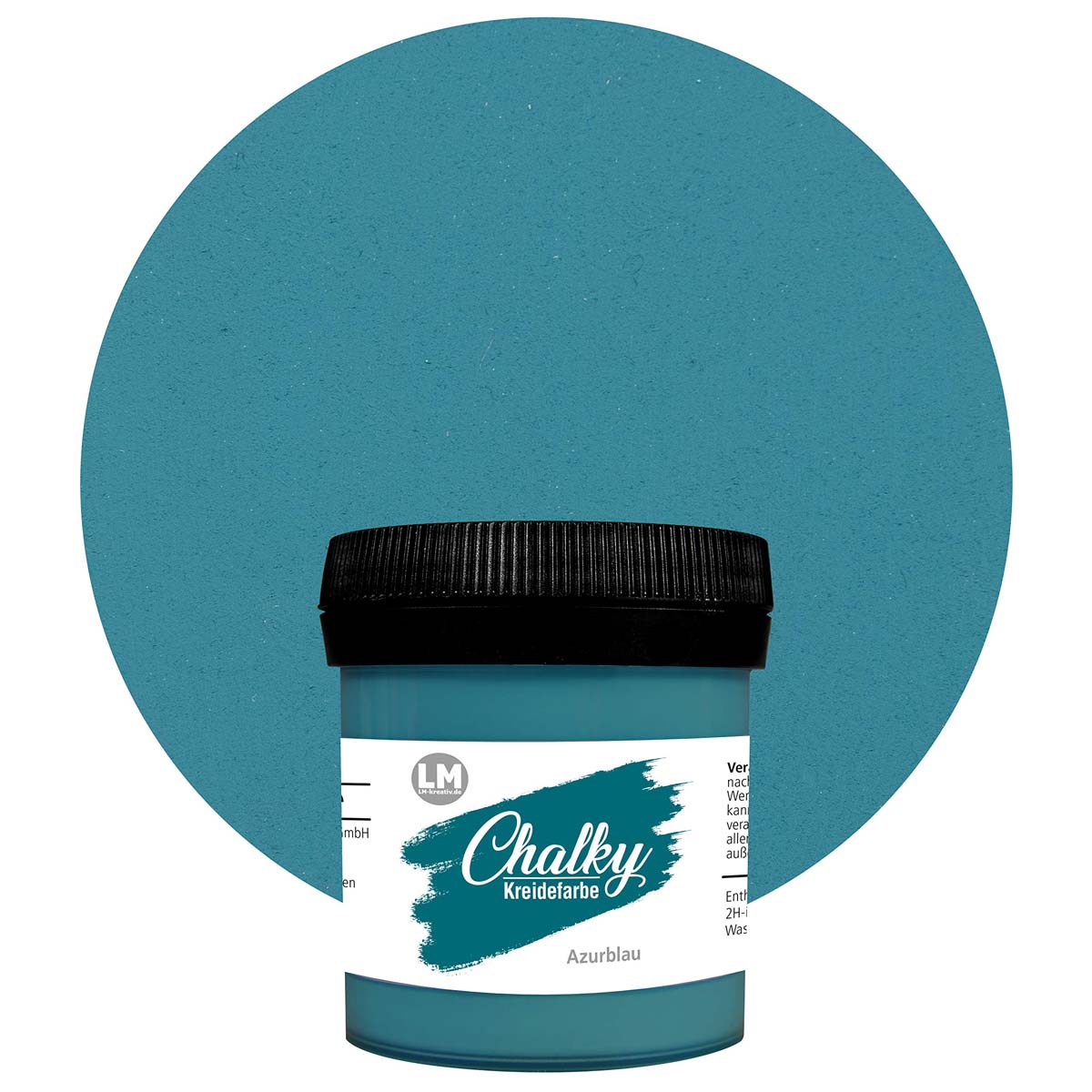 Produktabbildung der LM Kreativ Chalky Kreidefarbe in Azurblau mit 100 ml Inhalt in kleiner Kunststoffdose mit schwarzem Schraubdeckel.