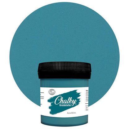 Produktabbildung der LM Kreativ Chalky Kreidefarbe in Azurblau mit 100 ml Inhalt in kleiner Kunststoffdose mit schwarzem Schraubdeckel.