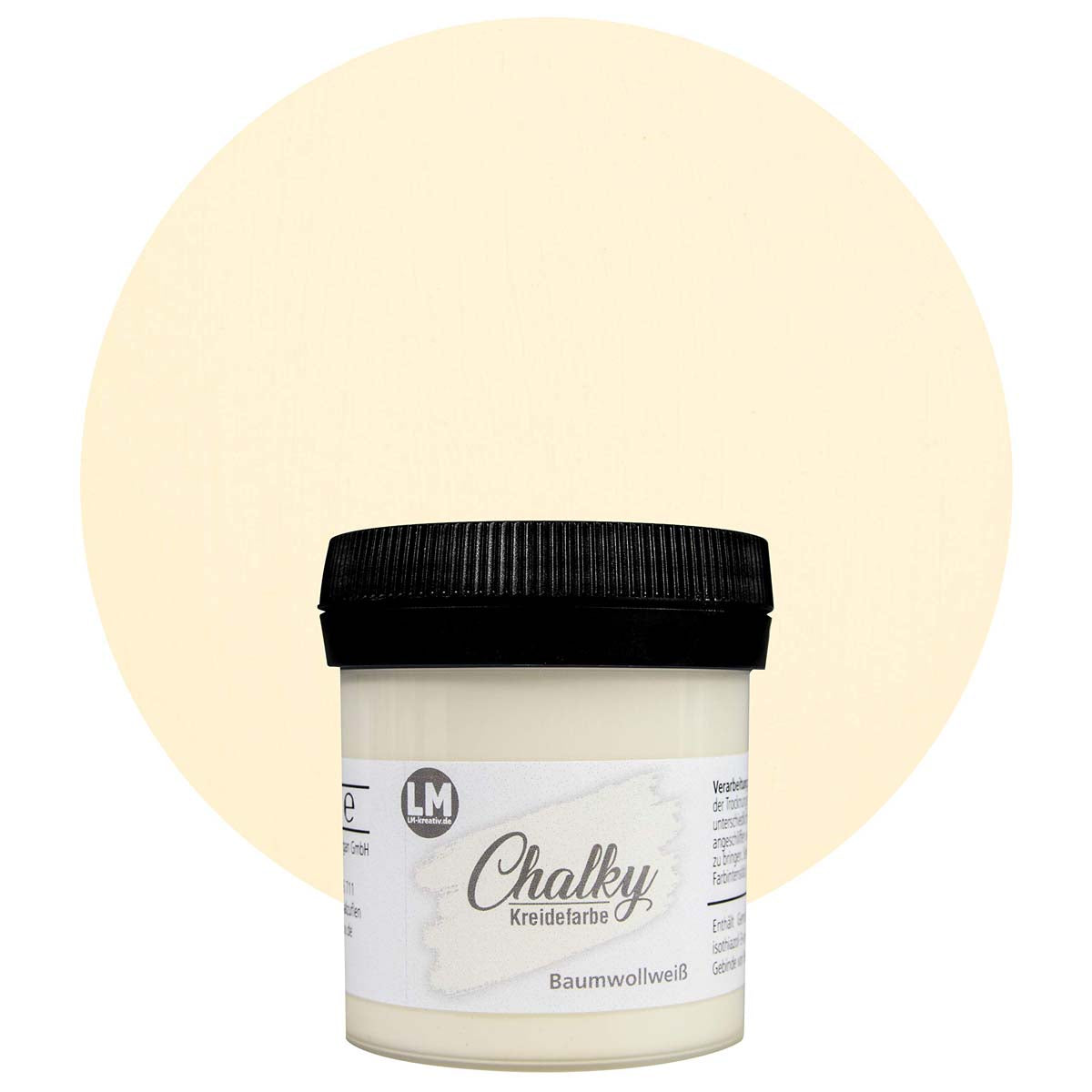Produktabbildung der LM Kreativ Chalky Kreidefarbe in Baumwollweiss mit 100 ml Inhalt in kleiner Kunststoffdose mit schwarzem Schraubdeckel.