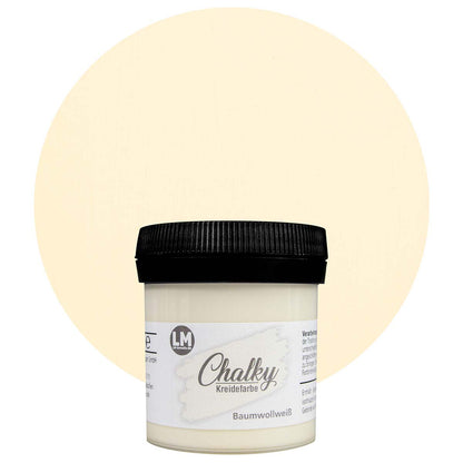 Produktabbildung der LM Kreativ Chalky Kreidefarbe in Baumwollweiss mit 100 ml Inhalt in kleiner Kunststoffdose mit schwarzem Schraubdeckel.