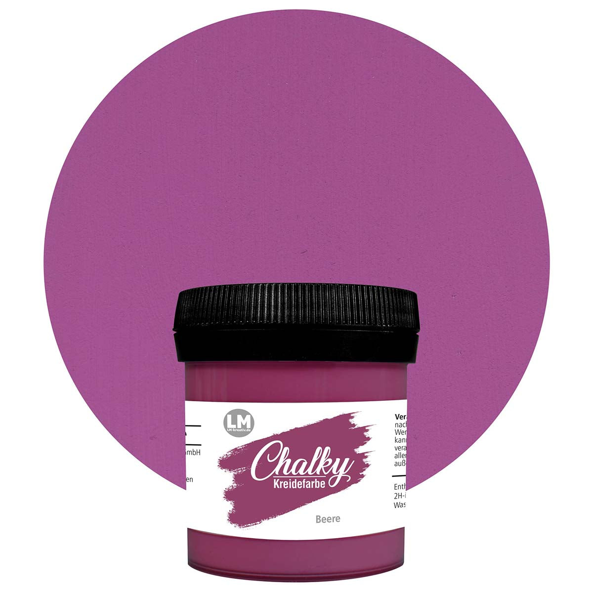 Produktabbildung der LM Kreativ Chalky Kreidefarbe in Beere mit 100 ml Inhalt in kleiner Kunststoffdose mit schwarzem Schraubdeckel.