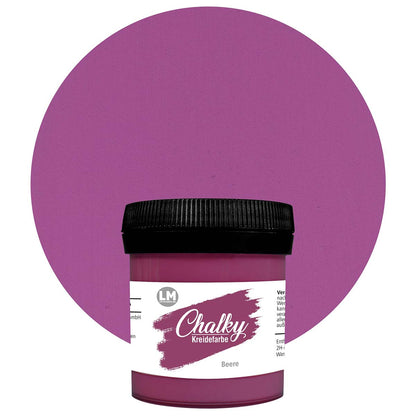 Produktabbildung der LM Kreativ Chalky Kreidefarbe in Beere mit 100 ml Inhalt in kleiner Kunststoffdose mit schwarzem Schraubdeckel.