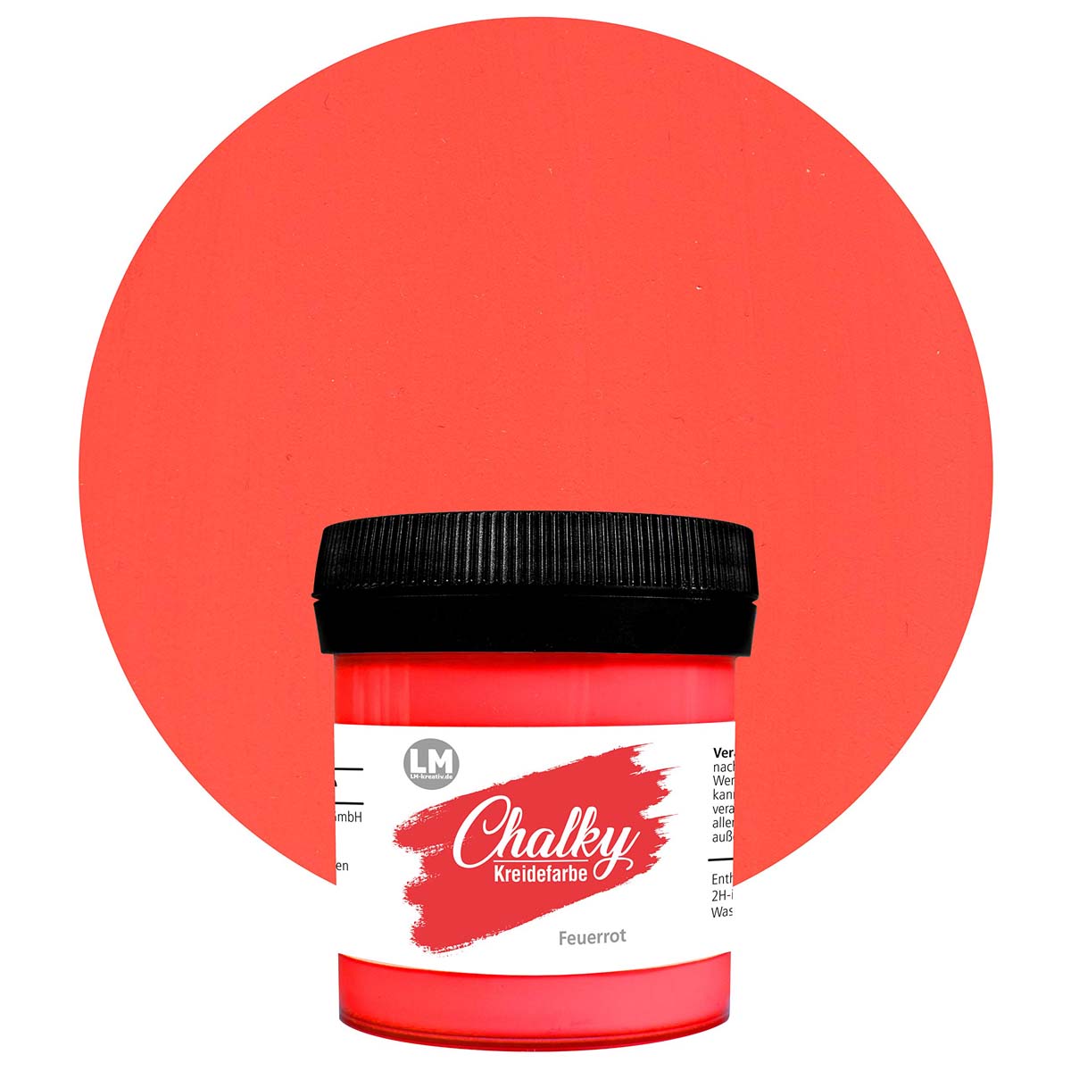 Produktabbildung der LM Kreativ Chalky Kreidefarbe in Feuerrot mit 100 ml Inhalt in kleiner Kunststoffdose mit schwarzem Schraubdeckel.