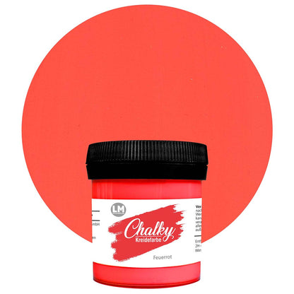 Produktabbildung der LM Kreativ Chalky Kreidefarbe in Feuerrot mit 100 ml Inhalt in kleiner Kunststoffdose mit schwarzem Schraubdeckel.