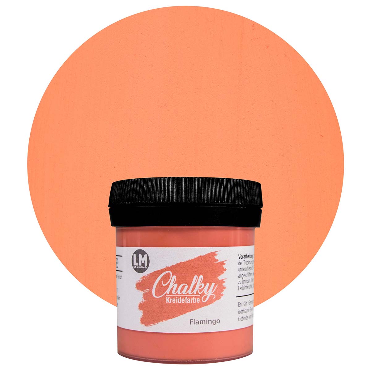Produktabbildung der LM Kreativ Chalky Kreidefarbe in Flamingo mit 100 ml Inhalt in kleiner Kunststoffdose mit schwarzem Schraubdeckel.