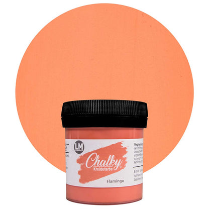 Produktabbildung der LM Kreativ Chalky Kreidefarbe in Flamingo mit 100 ml Inhalt in kleiner Kunststoffdose mit schwarzem Schraubdeckel.