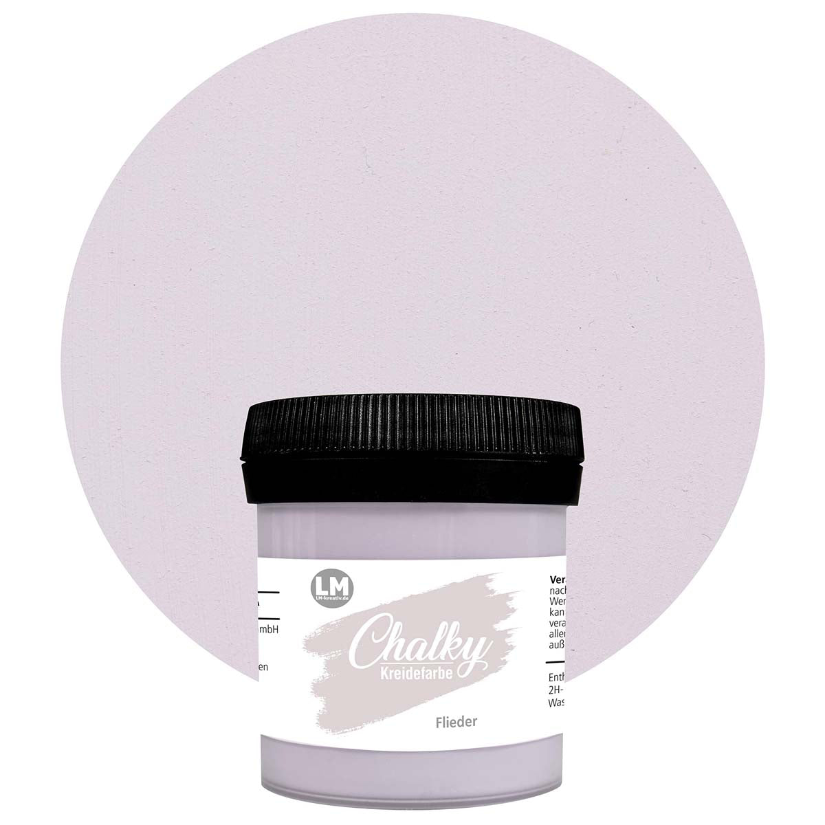 Produktabbildung der LM Kreativ Chalky Kreidefarbe in Flieder mit 100 ml Inhalt in kleiner Kunststoffdose mit schwarzem Schraubdeckel.