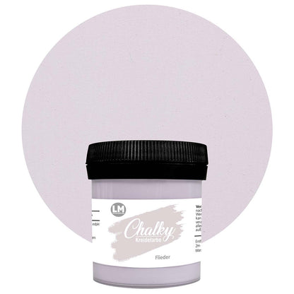 Produktabbildung der LM Kreativ Chalky Kreidefarbe in Flieder mit 100 ml Inhalt in kleiner Kunststoffdose mit schwarzem Schraubdeckel.