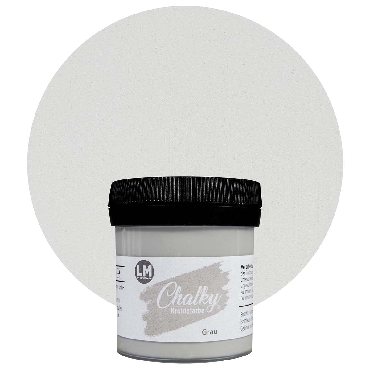 Produktabbildung der LM Kreativ Chalky Kreidefarbe in Grau mit 100 ml Inhalt in kleiner Kunststoffdose mit schwarzem Schraubdeckel.
