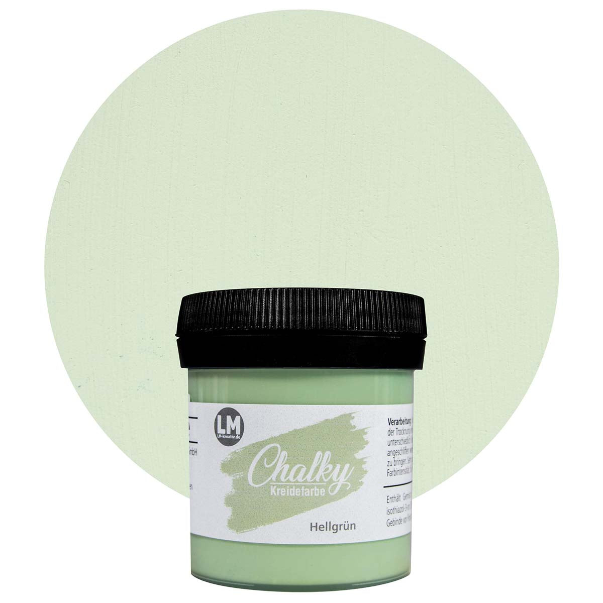 Produktabbildung der LM Kreativ Chalky Kreidefarbe in Hellgruen mit 100 ml Inhalt in kleiner Kunststoffdose mit schwarzem Schraubdeckel.