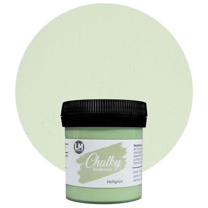 Produktabbildung der LM Kreativ Chalky Kreidefarbe in Hellgruen mit 100 ml Inhalt in kleiner Kunststoffdose mit schwarzem Schraubdeckel.