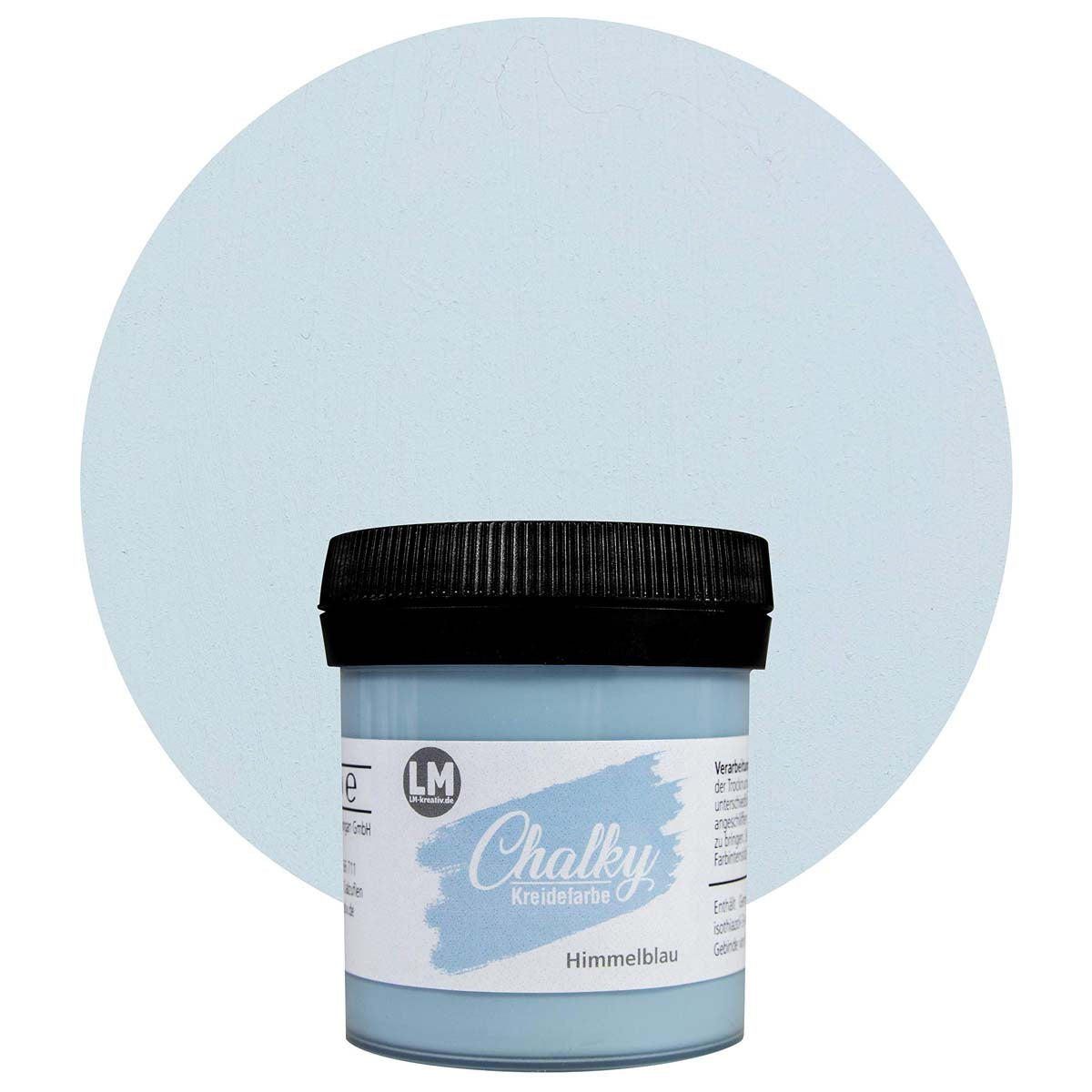 Produktabbildung der LM Kreativ Chalky Kreidefarbe in Himmelblau mit 100 ml Inhalt in kleiner Kunststoffdose mit schwarzem Schraubdeckel.