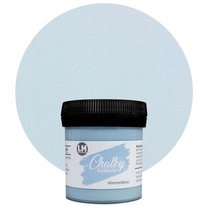 Produktabbildung der LM Kreativ Chalky Kreidefarbe in Himmelblau mit 100 ml Inhalt in kleiner Kunststoffdose mit schwarzem Schraubdeckel.