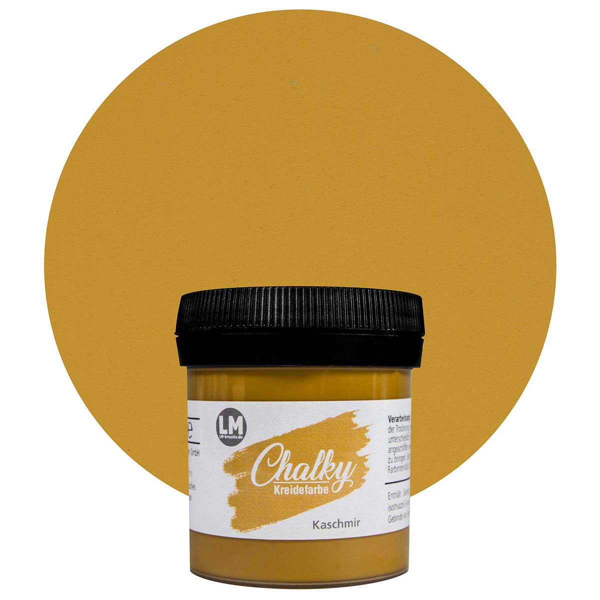 Produktabbildung der LM Kreativ Chalky Kreidefarbe in Kaschmir mit 100 ml Inhalt in kleiner Kunststoffdose mit schwarzem Schraubdeckel.