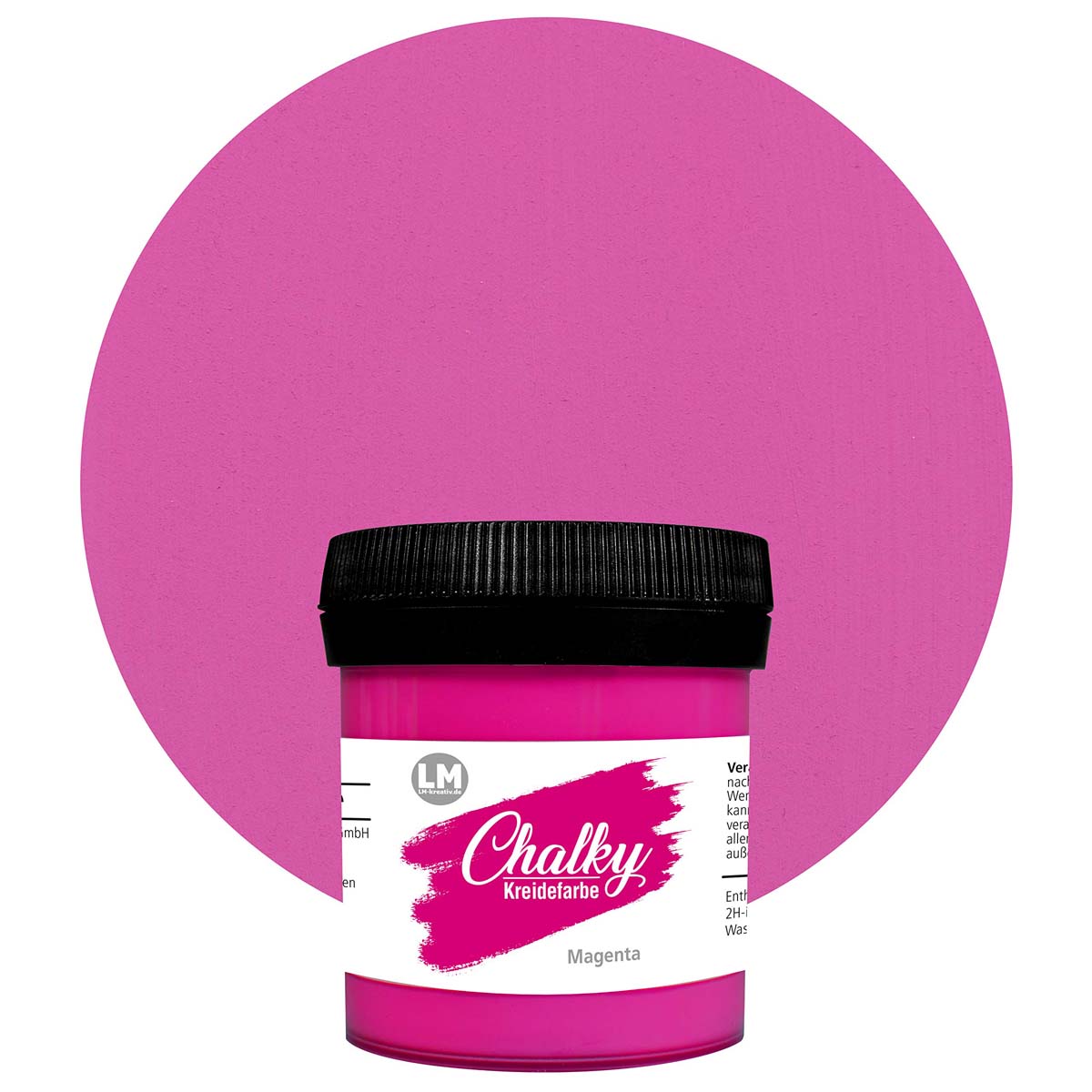 Produktabbildung der LM Kreativ Chalky Kreidefarbe in Magenta mit 100 ml Inhalt in kleiner Kunststoffdose mit schwarzem Schraubdeckel.