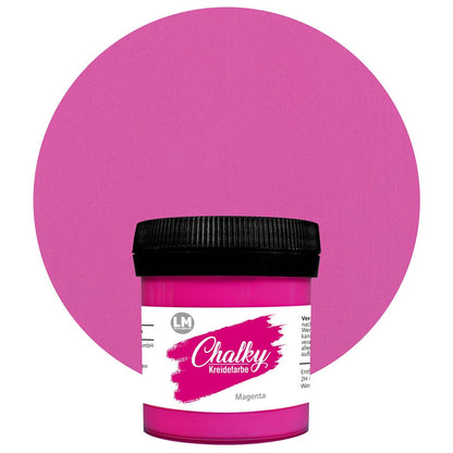 Produktabbildung der LM Kreativ Chalky Kreidefarbe in Magenta mit 100 ml Inhalt in kleiner Kunststoffdose mit schwarzem Schraubdeckel.